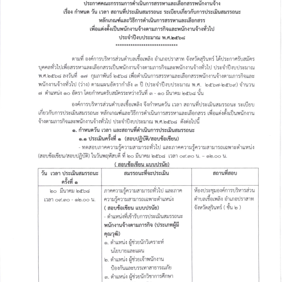 ประกาศคณะกรรรมการดำเนินการสรรหาและเลือกสรรพนักงานจ้าง เรื่อง กำหนด วัน เวลา สถานที่ประเมินสมรรถนะ ระเบียบเกี่ยวกับการประเมินสมรรถนะ หลักเกณฑ์และวิธีการดำเนินการสรรหาและเลือกสรรเพื่อแต่งตั้งเป็นพนักงานจ้างตามภารกิจและพนักงานจ้างทั่วไป ประจำปีงบประมาณ พ.ศ.๒